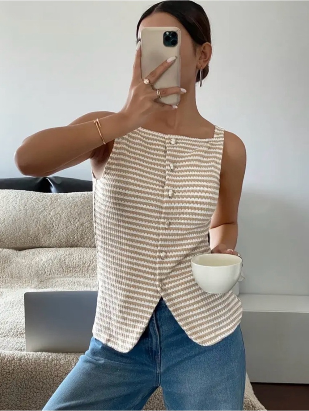 Striped Cream and White Button-Front Sleeveless Camisole